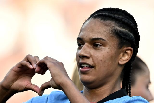 Netherlands' forward #11 Esmee Brugts celebrates scoring a goal during the UEFA Women's Euro 2025 Group D football match between Wales and The Netherlands at the Allmend Stadion Luzern in Lucerne on July 5, 2025. (Photo by Fabrice COFFRINI / AFP)