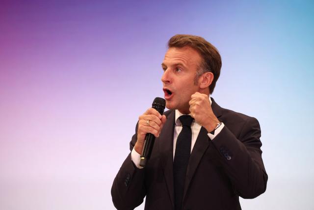 France's President Emmanuel Macron delivers a speech during a rally marking the 10th anniversary of "Les Jeunes avec Macron" (Youth with Macron), the youth movement of the Renaissance party, at the Cirque d'Hiver in Paris on July 5, 2025. (Photo by Sebastien DUPUY / AFP)