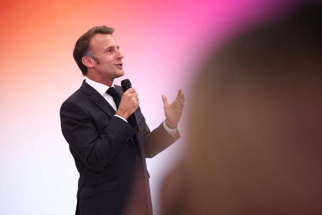 France's President Emmanuel Macron delivers a speech during a rally marking the 10th anniversary of "Les Jeunes avec Macron" (Youth with Macron), the youth movement of the Renaissance party, at the Cirque d'Hiver in Paris on July 5, 2025. (Photo by Sebastien DUPUY / AFP)