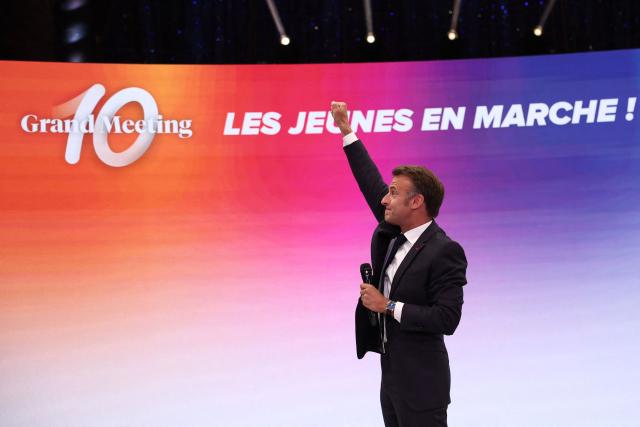 France's President Emmanuel delivers a speech during a rally marking the 10th anniversary of "Les Jeunes avec Macron" (Youth with Macron), the youth movement of the Renaissance party, at the Cirque d'Hiver in Paris on July 5, 2025. (Photo by Sebastien DUPUY / AFP)