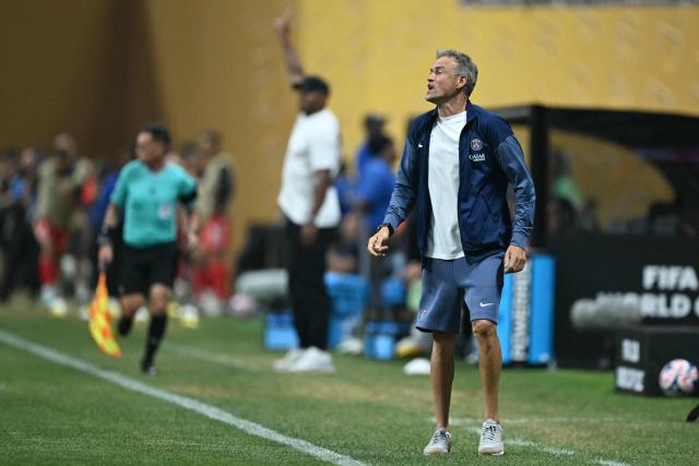 Paris Saint-Germain's Spanish coach Luis Enrique reacts during the FIFA Club World Cup 2025 quarterfinal football match between France's Paris Saint-Germain and Germany's Bayern Munich at the Mercedes-Benz Stadium in Atlanta on July 5, 2025. (Photo by PATRICIA DE MELO MOREIRA / AFP)