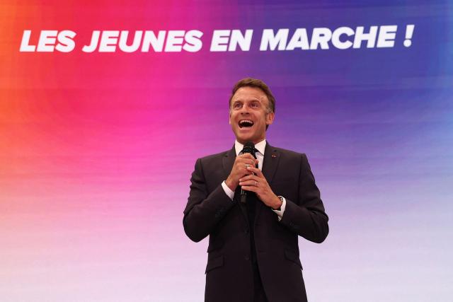 France's President Emmanuel delivers a speech during a rally marking the 10th anniversary of "Les Jeunes avec Macron" (Youth with Macron), the youth movement of the Renaissance party, at the Cirque d'Hiver in Paris on July 5, 2025. (Photo by Sebastien DUPUY / AFP)