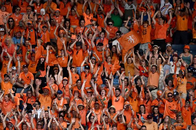 Dutch supporters cheers from the stands during the UEFA Women's Euro 2025 Group D football match between Wales and The Netherlands at the Allmend Stadion Luzern in Lucerne on July 5, 2025. (Photo by Fabrice COFFRINI / AFP)