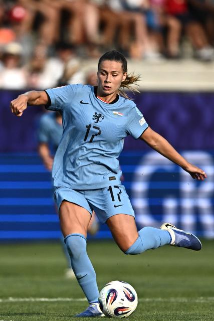 Netherlands' midfielder #17 Victoria Pelova shoots the ball during the UEFA Women's Euro 2025 Group D football match between Wales and The Netherlands at the Allmend Stadion Luzern in Lucerne on July 5, 2025. (Photo by Fabrice COFFRINI / AFP)