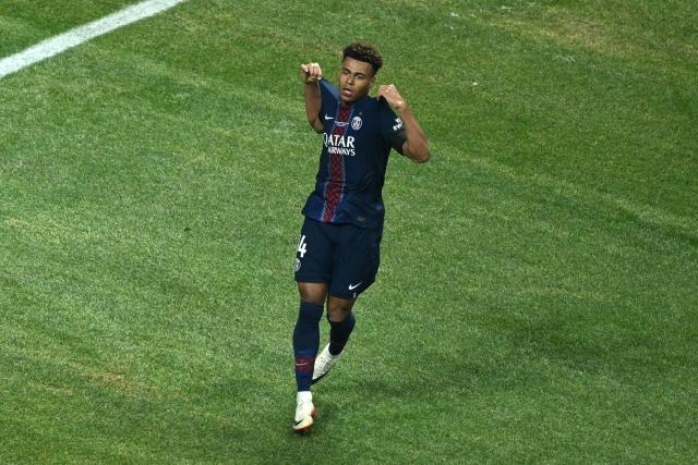 Paris Saint-Germain's French midfielder #14 Desire Doue after scoring his team's first goal during the FIFA Club World Cup 2025 quarterfinal football match between France's Paris Saint-Germain and Germany's Bayern Munich at the Mercedes-Benz Stadium in Atlanta on July 5, 2025. (Photo by ROBERTO SCHMIDT / AFP)