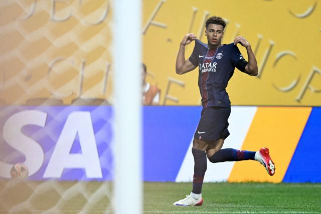 Paris Saint-Germain's French midfielder #14 Desire Doue celebrates scoring the opening goal during the FIFA Club World Cup 2025 quarterfinal football match between France's Paris Saint-Germain and Germany's Bayern Munich at the Mercedes-Benz Stadium in Atlanta on July 5, 2025. (Photo by PATRICIA DE MELO MOREIRA / AFP)