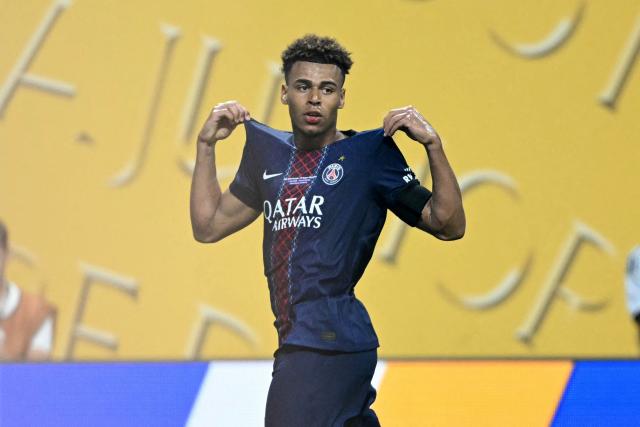Paris Saint-Germain's French midfielder #14 Desire Doue celebrates scoring the opening goal during the FIFA Club World Cup 2025 quarterfinal football match between France's Paris Saint-Germain and Germany's Bayern Munich at the Mercedes-Benz Stadium in Atlanta on July 5, 2025. (Photo by PATRICIA DE MELO MOREIRA / AFP)