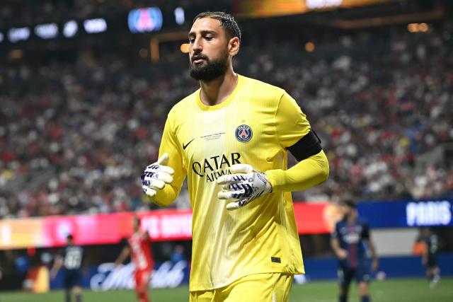 Paris Saint-Germain's Italian goalkeeper #01 Gianluigi Donnarumma gestures during the FIFA Club World Cup 2025 quarterfinal football match between France's Paris Saint-Germain and Germany's Bayern Munich at the Mercedes-Benz Stadium in Atlanta on July 5, 2025. (Photo by Paul ELLIS / AFP)