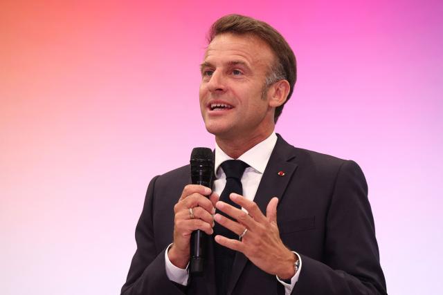 France's President Emmanuel delivers a speech during a rally marking the 10th anniversary of "Les Jeunes avec Macron" (Youth with Macron), the youth movement of the Renaissance party, at the Cirque d'Hiver in Paris on July 5, 2025. (Photo by Sebastien DUPUY / AFP)