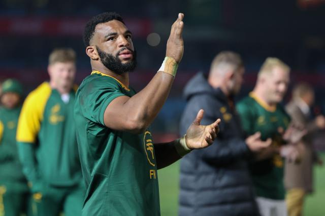 South Africa's flanker Vincent Tshituka acknowledges the crow after South Africa won  the international rugby union Test match between South Africa and Italy at Loftus Versfeld stadium in Pretoria on July 5, 2025. (Photo by PHILL MAGAKOE / AFP)