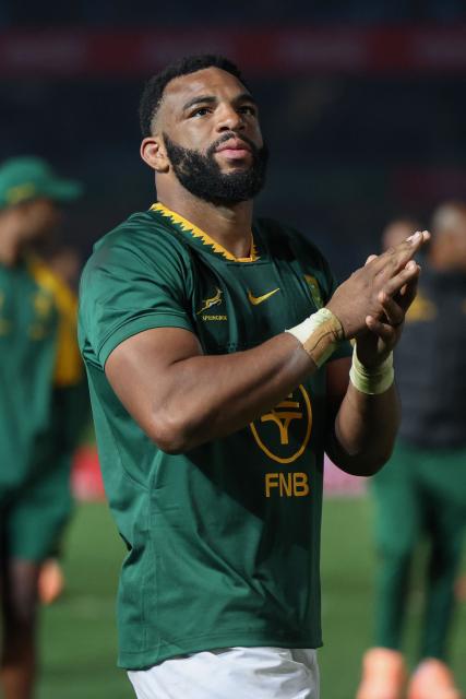 South Africa's flanker Vincent Tshituka acknowledges the crow after South Africa won  the international rugby union Test match between South Africa and Italy at Loftus Versfeld stadium in Pretoria on July 5, 2025. (Photo by PHILL MAGAKOE / AFP)