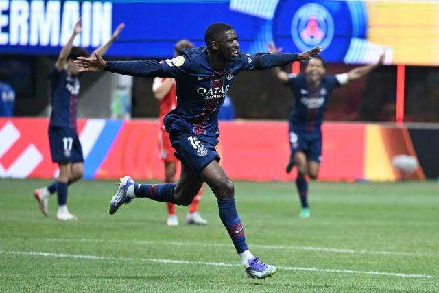 Paris Saint-Germain's French forward #10 Ousmane Dembele celebrates scoring his team's second goal during the FIFA Club World Cup 2025 quarterfinal football match between France's Paris Saint-Germain and Germany's Bayern Munich at the Mercedes-Benz Stadium in Atlanta on July 5, 2025. (Photo by PATRICIA DE MELO MOREIRA / AFP)