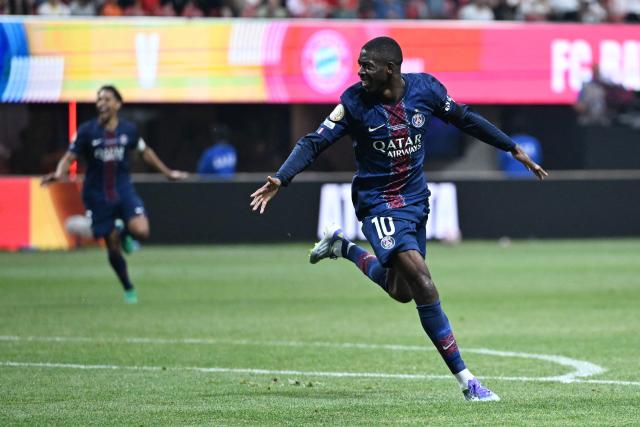 Paris Saint-Germain's French forward #10 Ousmane Dembele celebrates scoring his team's second goal during the FIFA Club World Cup 2025 quarterfinal football match between France's Paris Saint-Germain and Germany's Bayern Munich at the Mercedes-Benz Stadium in Atlanta on July 5, 2025. (Photo by PATRICIA DE MELO MOREIRA / AFP)