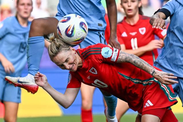 Wales' midfielder #10 Jessica Fishlock heads the ball during the UEFA Women's Euro 2025 Group D football match between Wales and The Netherlands at the Allmend Stadion Luzern in Lucerne on July 5, 2025. (Photo by Fabrice COFFRINI / AFP)