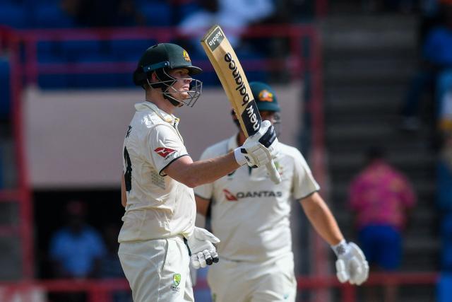 Steven Smith of Australia celebrates his half century during the 3rd day of the 2nd Test match between West Indies and Australia at Grenada National Cricket Stadium, Saint George's, Grenada, on July 5, 2025. (Photo by Randy Brooks / AFP)