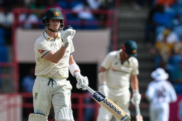 Steven Smith of Australia signals toward the locker room during the 3rd day of the 2nd Test match between West Indies and Australia at Grenada National Cricket Stadium, Saint George's, Grenada, on July 5, 2025. (Photo by Randy Brooks / AFP)