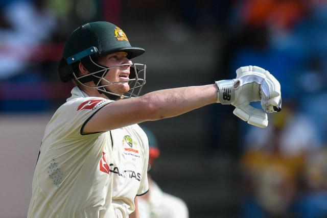 Steven Smith of Australia signals toward the locker room during the 3rd day of the 2nd Test match between West Indies and Australia at Grenada National Cricket Stadium, Saint George's, Grenada, on July 5, 2025. (Photo by Randy Brooks / AFP)