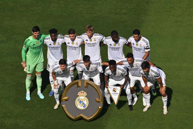 Real Madrid's players pose for a team photo ahead of the the FIFA Club World Cup 2025 quarterfinal football match between Spain's Real Madrid and Germany's Borussia Dortmund at the MetLife stadium in East Rutherford, New Jersey on July 05, 2025. (Photo by ANGELA WEISS / AFP)