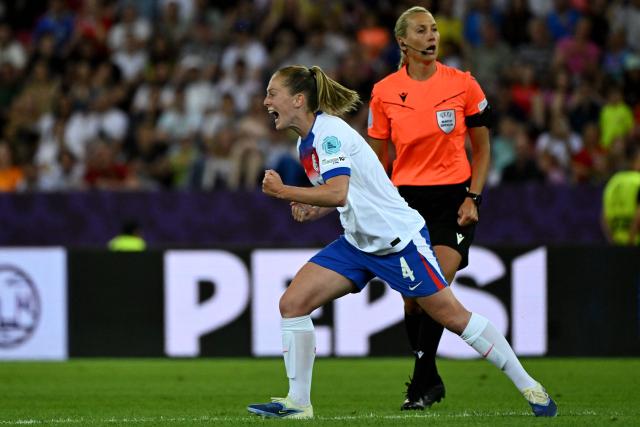 England's midfielder #04 Keira Walsh celebrates after scoring a goal during the UEFA Women's Euro 2025 Group D football match between France and England at the Letzigrund Stadium in Zurich, on July 5, 2025. (Photo by Miguel MEDINA / AFP)
