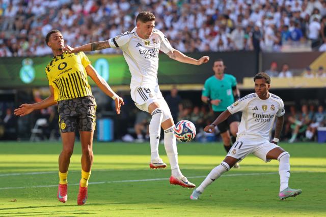 Real Madrid's Uruguayan midfielder #08 Federico Valverde controls the ball during the FIFA Club World Cup 2025 quarterfinal football match between Spain's Real Madrid and Germany's Borussia Dortmund at the MetLife stadium in East Rutherford, New Jersey on July 5, 2025. (Photo by CHARLY TRIBALLEAU / AFP)