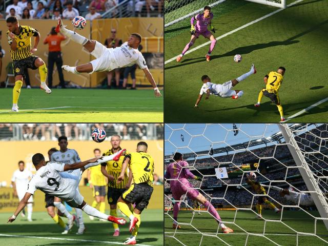 (COMBO) This combination of pictures created on July 05, 2025 shows Borussia Dortmund's Brazilian defender #02 Yan Couto fights for the ball with Real Madrid's French forward #09 Kylian Mbappe as he scores his team's third goal during the FIFA Club World Cup 2025 quarterfinal football match between Spain's Real Madrid and Germany's Borussia Dortmund at the MetLife stadium in East Rutherford, New Jersey on July 5, 2025. Real Madrid's French forward #09 Kylian Mbappe scores his team's third goal during the FIFA Club World Cup 2025 quarterfinal football match between Spain's Real Madrid and Germany's Borussia Dortmund at the MetLife stadium in East Rutherford, New Jersey on July 05, 2025. Real Madrid's French forward #09 Kylian Mbappe scores his team's third goal during the FIFA Club World Cup 2025 quarterfinal football match between Spain's Real Madrid and Germany's Borussia Dortmund at the MetLife stadium in East Rutherford, New Jersey on July 05, 2025. Real Madrid's French forward #09 Kylian Mbappe scores his team's third goal during the FIFA Club World Cup 2025 quarterfinal football match between Spain's Real Madrid and Germany's Borussia Dortmund at the MetLife stadium in East Rutherford, New Jersey on July 05, 2025. (Photo by AFP)