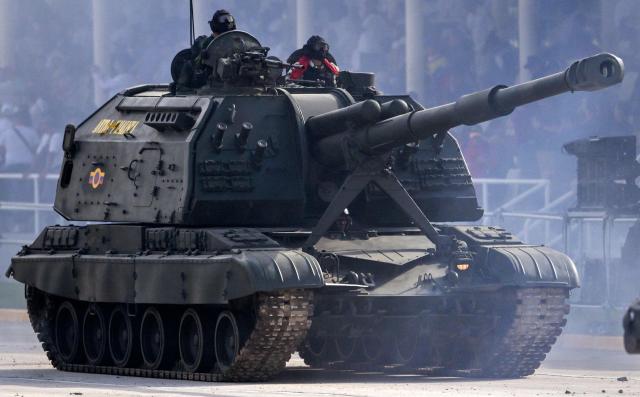 A Venezuelan Army tank of Russian origin takes part in a military paradae during celebrations for the Independence Day, in Caracas on July 5, 2025. (Photo by Juan BARRETO / AFP)