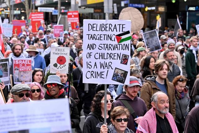People hold placards and wave flags during a pro-Palestinian march through the streets of Melbourne on July 6, 2025, amid the ongoing conflict between Israel and the Palestinian Hamas militant group. (Photo by William WEST / AFP)