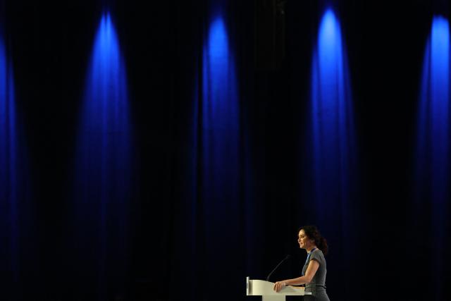 Madrid regional president Isabel Ayuso delivers a speech during the Popular Party (PP) national congress in Madrid on July 6, 2025. (Photo by Thomas COEX / AFP)
