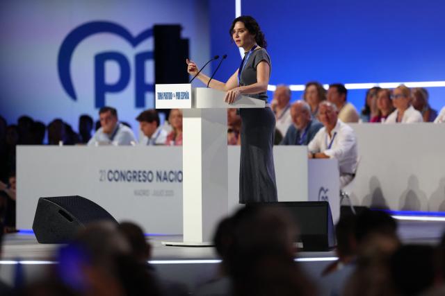 Madrid regional president Isabel Ayuso delivers a speech during the Popular Party (PP) national congress in Madrid on July 6, 2025. (Photo by Thomas COEX / AFP)