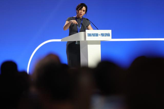 Madrid regional president Isabel Ayuso delivers a speech during the Popular Party (PP) national congress in Madrid on July 6, 2025. (Photo by Thomas COEX / AFP)
