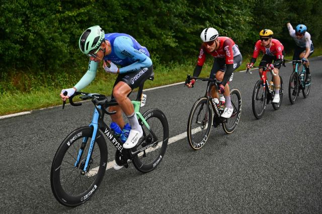 Decathlon AG2R La Mondial Team's French rider Bruno Armirail (L), Lotto team's Belgian rider Brent Van Moer (2nd L), Uno-X Mobility team's Norwegian rider Andreas Leknessund (3rd L) and XDS Astana Team's Kazakh rider Yevgeniy Fedorov (R) cycle in a breakaway during the 2nd stage of the 112th edition of the Tour de France cycling race, 209.1 km between Lauwin-Planque and Boulogne-sur-Mer, Northern France, on July 6, 2025. (Photo by Loic VENANCE / AFP)