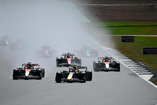 Red Bull Racing's Dutch driver Max Verstappen (C) leads during the Formula One British Grand Prix at the Silverstone motor racing circuit in Silverstone, central England, on July 6, 2025. (Photo by Ben STANSALL / AFP)