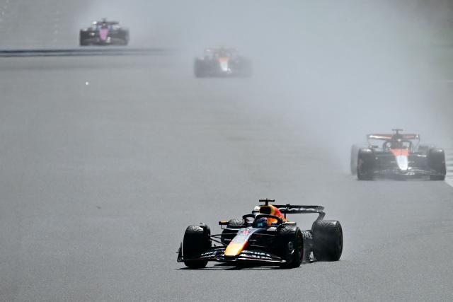 Red Bull Racing's Dutch driver Max Verstappen leads during the Formula One British Grand Prix at the Silverstone motor racing circuit in Silverstone, central England, on July 6, 2025. (Photo by Ben STANSALL / AFP)