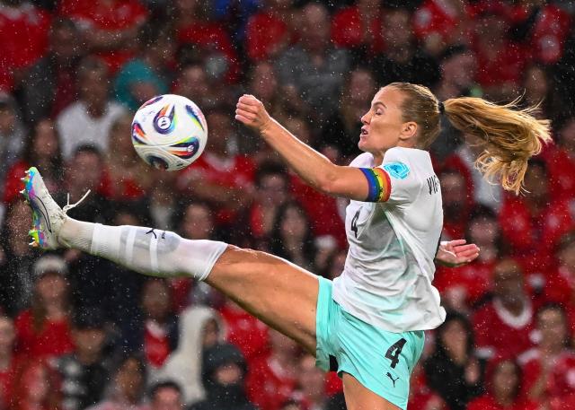 Iceland's defender #04 Glodis Viggosdottir kicks the ball during the UEFA Women's Euro 2025 Group A football match between Switzerland and Iceland at the Wankdorf stadium in Bern, on July 6, 2025. (Photo by SEBASTIEN BOZON / AFP)