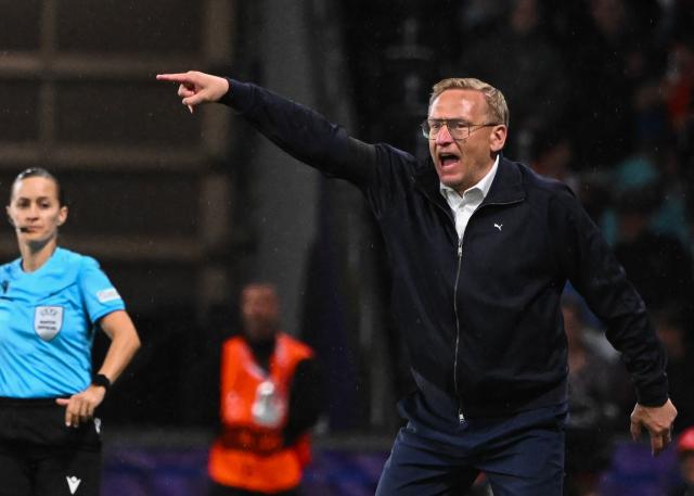 Iceland's coach Thorsteinn Halldorsson reacts during the UEFA Women's Euro 2025 Group A football match between Switzerland and Iceland at the Wankdorf stadium in Bern, on July 6, 2025. (Photo by SEBASTIEN BOZON / AFP)