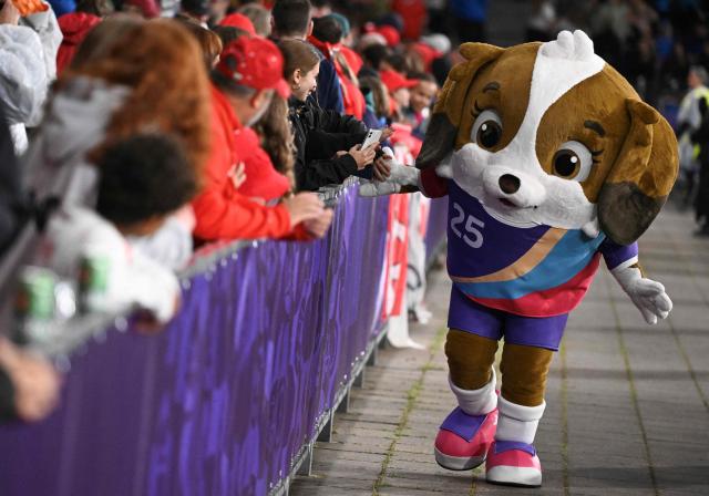 Maddli, the Saint-Bernard puppy Mascot, greets football fans at half-time, during the UEFA Women's Euro 2025 Group A football match between Switzerland and Iceland at the Wankdorf stadium in Bern, on July 6, 2025. (Photo by SEBASTIEN BOZON / AFP)