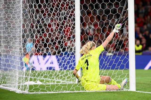 Iceland's goalkeeper #01 Cecilia Runarsdottir lifts herself off the pitch during the UEFA Women's Euro 2025 Group A football match between Switzerland and Iceland at the Wankdorf stadium in Bern, on July 6, 2025. (Photo by SEBASTIEN BOZON / AFP)