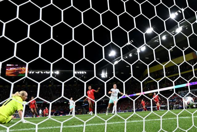 Iceland's goalkeeper #01 Cecilia Runarsdottir reacts as the ball hits the back of the net to score the first goal of the match during the UEFA Women's Euro 2025 Group A football match between Switzerland and Iceland at the Wankdorf stadium in Bern, on July 6, 2025. (Photo by SEBASTIEN BOZON / AFP)