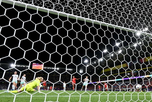 Iceland's goalkeeper #01 Cecilia Runarsdottir reacts as the ball hits the back of the net to score the first goal of the match during the UEFA Women's Euro 2025 Group A football match between Switzerland and Iceland at the Wankdorf stadium in Bern, on July 6, 2025. (Photo by SEBASTIEN BOZON / AFP)