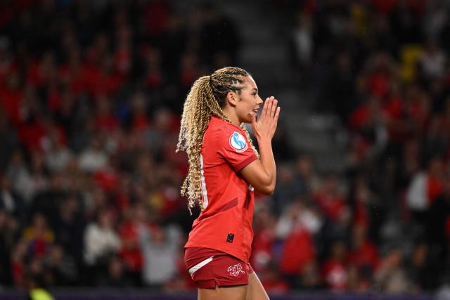 Switzerland's forward #20 Alayah Pilgrim reacts during the UEFA Women's Euro 2025 Group A football match between Switzerland and Iceland at the Wankdorf stadium in Bern, on July 6, 2025. (Photo by SEBASTIEN BOZON / AFP)