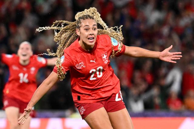 Switzerland's forward #20 Alayah Pilgrim celebrates after scoring the second goal of the match during the UEFA Women's Euro 2025 Group A football match between Switzerland and Iceland at the Wankdorf stadium in Bern, on July 6, 2025. (Photo by SEBASTIEN BOZON / AFP)