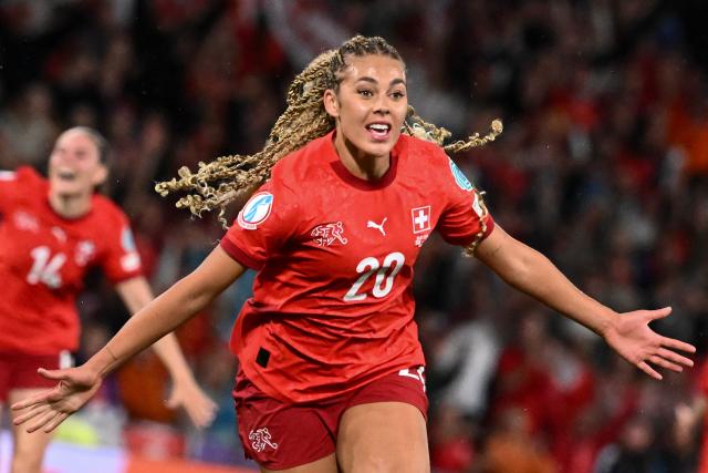 Switzerland's forward #20 Alayah Pilgrim celebrates after scoring the second goal of the match during the UEFA Women's Euro 2025 Group A football match between Switzerland and Iceland at the Wankdorf stadium in Bern, on July 6, 2025. (Photo by SEBASTIEN BOZON / AFP)