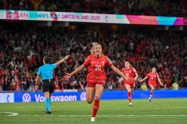 Switzerland's forward #20 Alayah Pilgrim celebrates after scoring the second goal of the match during the UEFA Women's Euro 2025 Group A football match between Switzerland and Iceland at the Wankdorf stadium in Bern, on July 6, 2025. (Photo by SEBASTIEN BOZON / AFP)