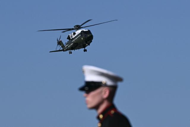 Marine One, with US President Donald Trump onboard, prepares to land at Morristown Municipal Airport in Morristown, New Jersey, on July 6, 2025, as Trump is en route to Washington after spending the weekend at his residence in Bedminster, New Jersey. (Photo by Brendan SMIALOWSKI / AFP)