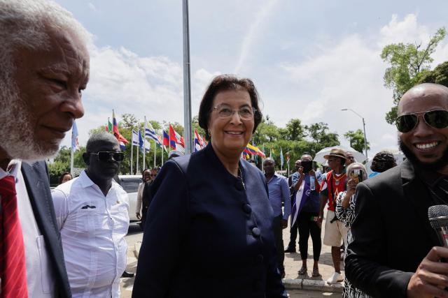 Suriname's opposition leader Jennifer Geerlings-Simons arrives at the National Assembly in Paramaribo on July 6, 2025. Lawmakers elected Jennifer Geerlings-Simons as Suriname's first woman president on July 6, 2025, after her party won the most seats in legislative elections in May. (Photo by Ranu Abhelakh / AFP)
