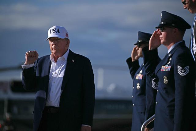 US President Donald Trump pumps his fist as he arrives at Joint Base Andrews in Maryland, on July 6, 2025, after spending the weekend at his residence in Bedminster, New Jersey. (Photo by Brendan SMIALOWSKI / AFP)