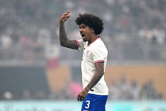 United States' defender #03 Chris Richards celebrates scoring his team's first goal during the Concacaf Gold Cup final football match between Mexico and USA at NRG Stadium in Houston, Texas on July 6, 2025. (Photo by CHANDAN KHANNA / AFP)