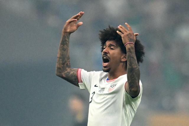 United States' defender #03 Chris Richards celebrates scoring his team's first goal during the Concacaf Gold Cup final football match between Mexico and USA at NRG Stadium in Houston, Texas on July 6, 2025. (Photo by CHANDAN KHANNA / AFP)