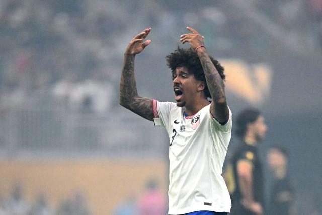 United States' defender #03 Chris Richards celebrates scoring his team's first goal during the Concacaf Gold Cup final football match between Mexico and USA at NRG Stadium in Houston, Texas on July 6, 2025. (Photo by CHANDAN KHANNA / AFP)