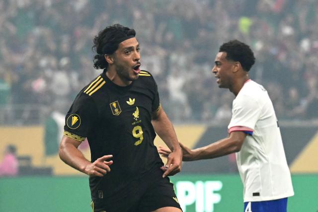 Mexico's forward #09 Raul Jimenez celebrates scoring his team's first goal during the Concacaf Gold Cup final football match between Mexico and USA at NRG Stadium in Houston, Texas on July 6, 2025. (Photo by Chandan Khanna / AFP)